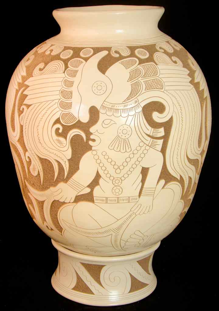 Appraisal: LATIN AMERICAN SGRAFIATTO DECORATED VASE AND STAND Signed ''Don Juan