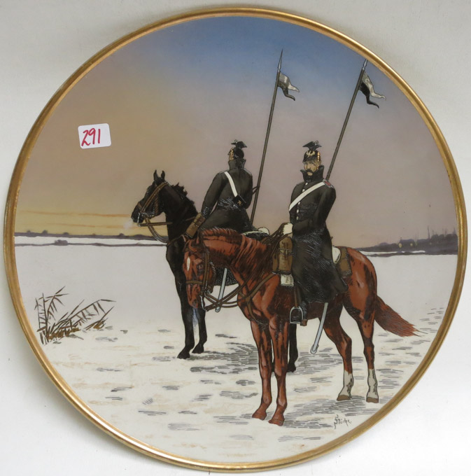 Appraisal: METTLACH ETCHED POTTERY PLAQUE Two Ulanens on Horseback on Snow