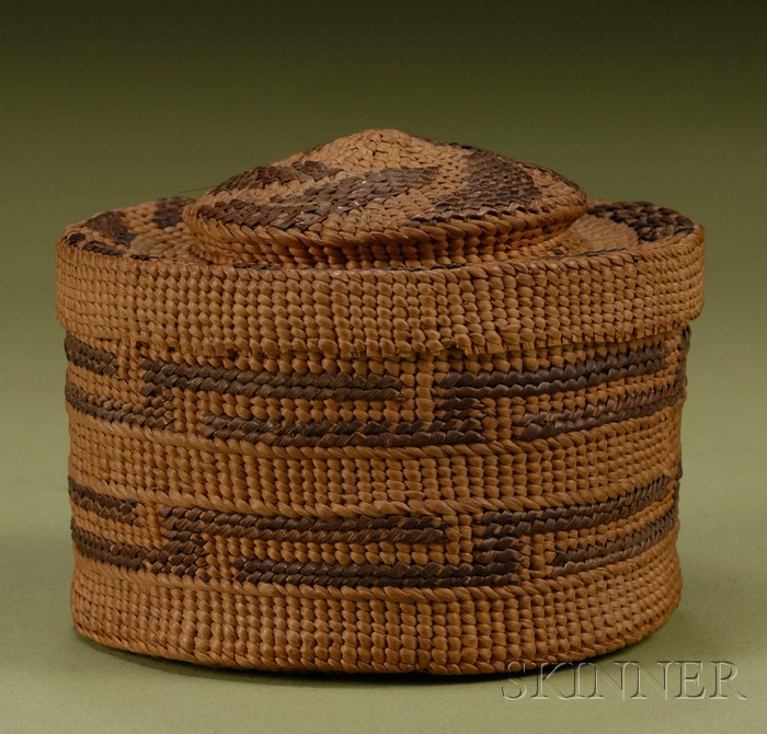 Appraisal: Northwest Coast Twined Rattle-top Basketry Bowl Tlingit c with brown-on-brown