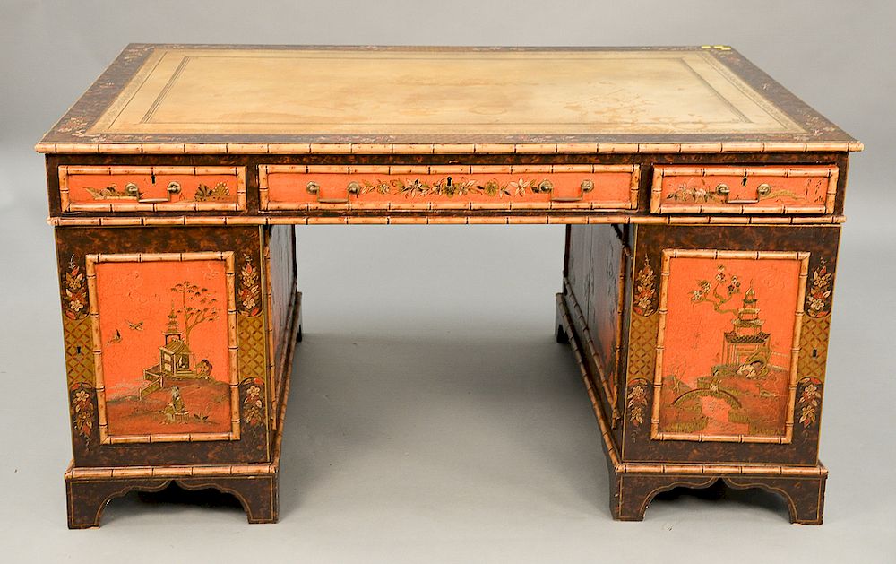 Appraisal: George IV partner's desk with tooled leather top and chinoiserie