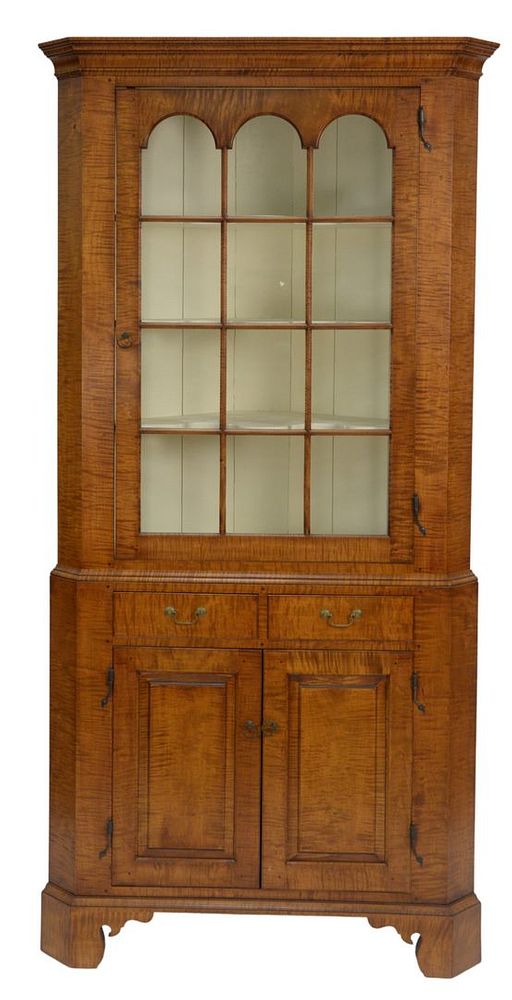 Appraisal: Custom Made Chippendale Style Tiger Maple Corner Cupboard in two