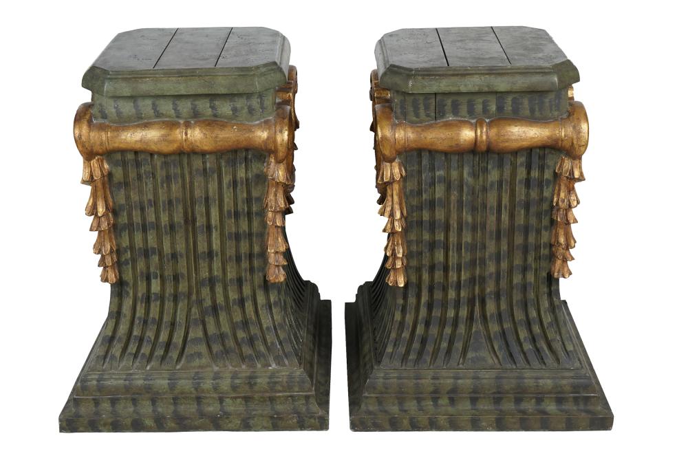 Appraisal: PAIR OF GILT GREEN-PAINTED WOOD PEDESTALSeach with octagonal top inches