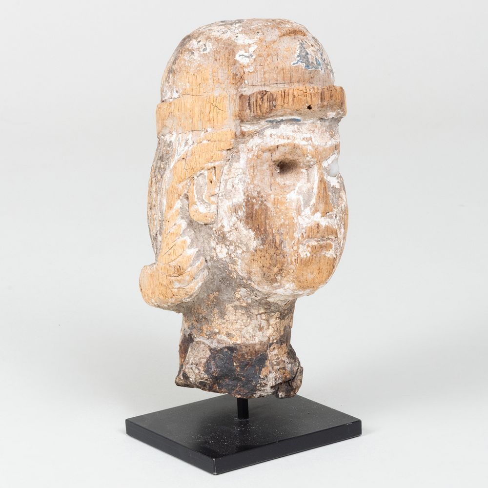 Appraisal: Folk Art Carved Wood Head Fragment On stand in high