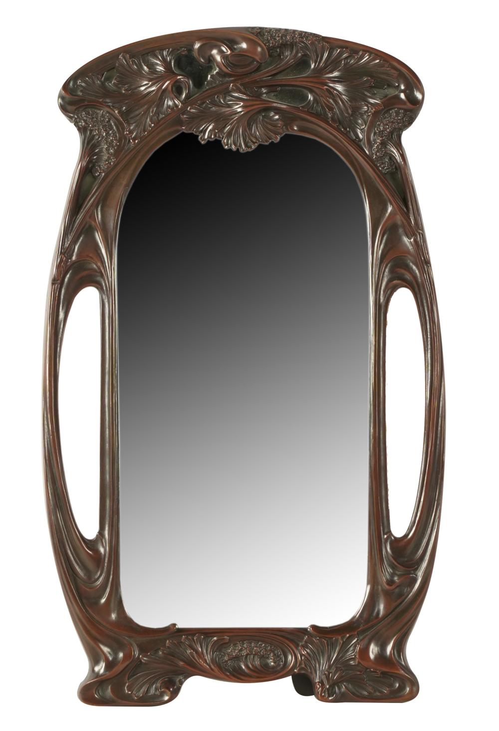 Appraisal: ART NOUVEAU-STYLE MIRRORunsigned bronze with brown patination inset with beveled