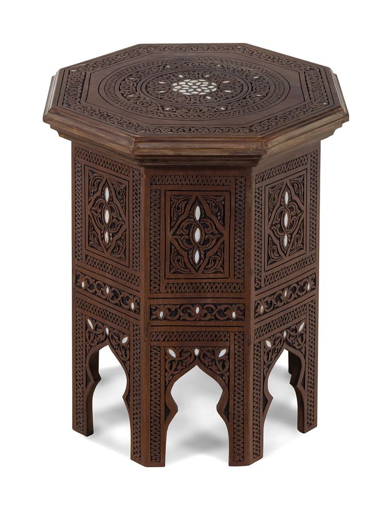 Appraisal: A Moorish Style Mother-of-Pearl Inlaid Carved Walnut Table A Moorish