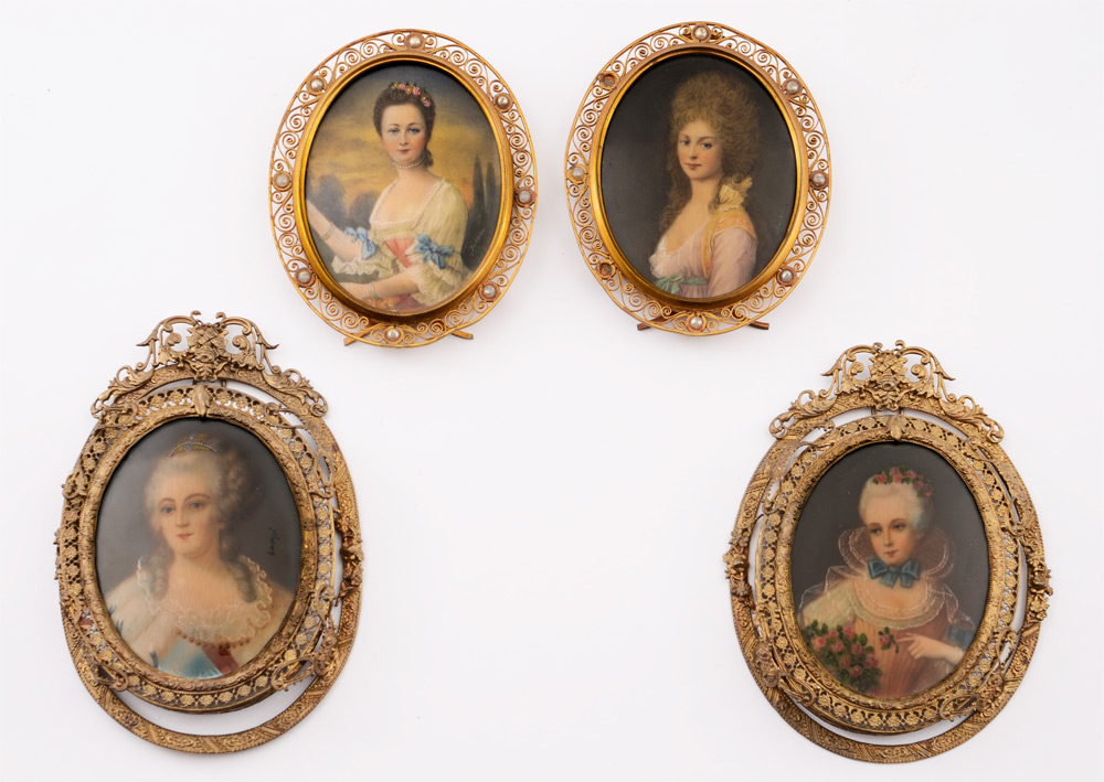 Appraisal: COLLECTION OF FOUR MINIATURE PAINTINGS OF BEAUTIES All signed differently