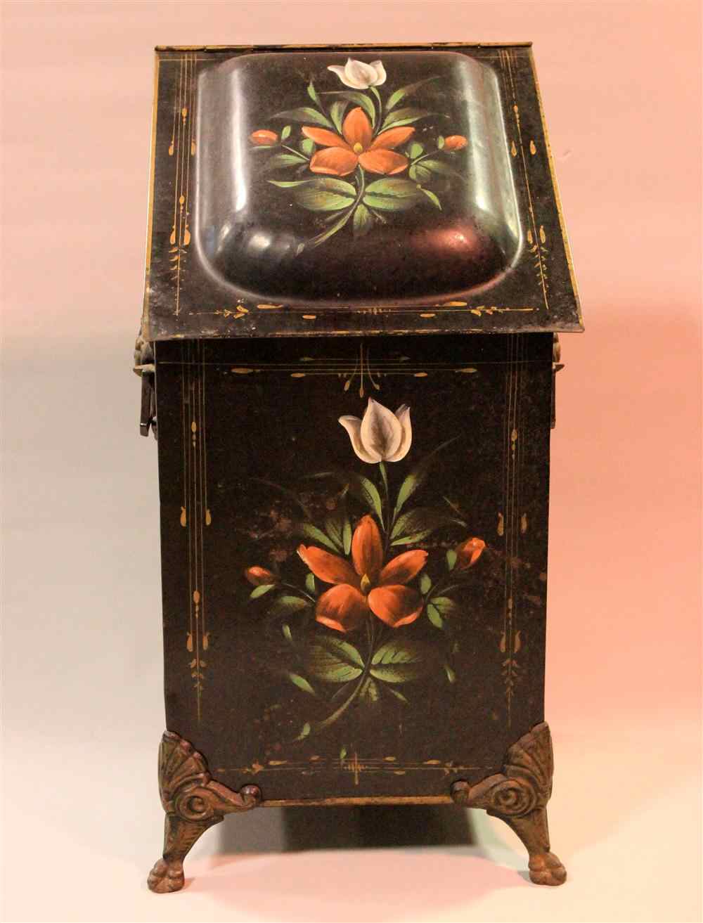 Appraisal: VICTORIAN TOLE PAINTED COAL SCUTTLE with painted floral and gilt