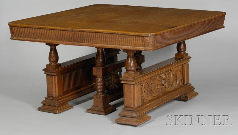 Appraisal: Late Victorian Square Carved Oak Pedestal-base Dining Table with a