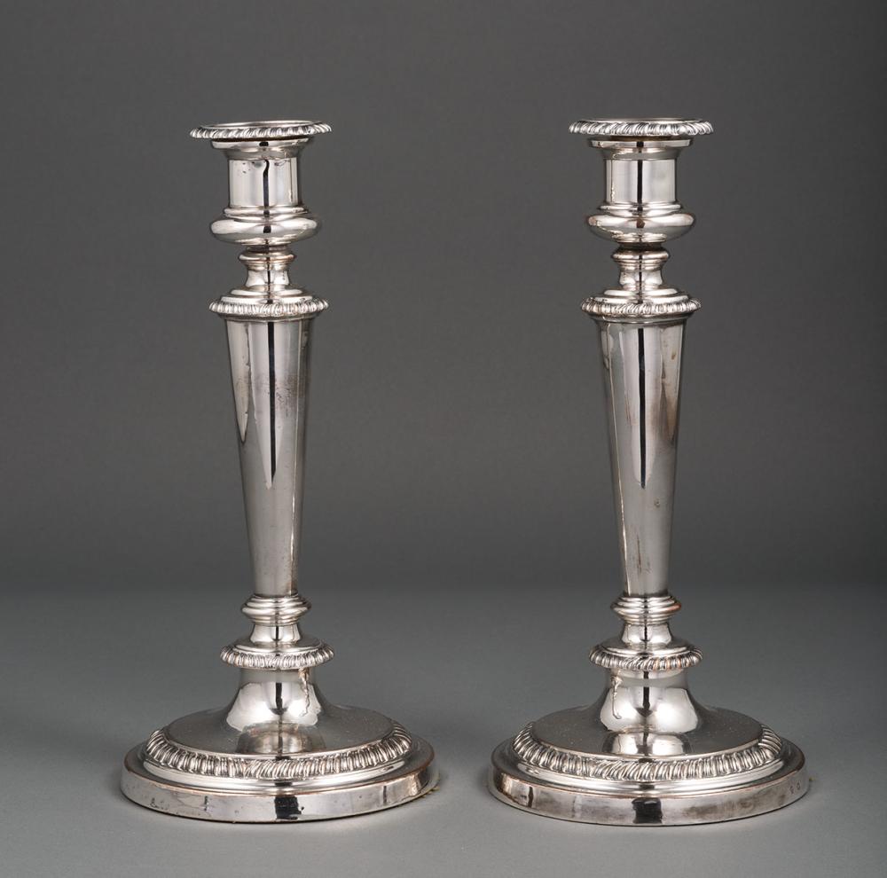 Appraisal: Pair of Late Georgian Sheffield Plate Candlesticks Matthew Boulton early