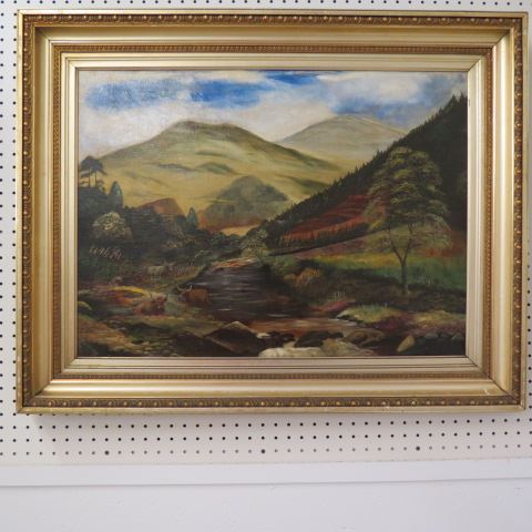 Appraisal: Antique Oil Painting cattle near the stream mountains in distance