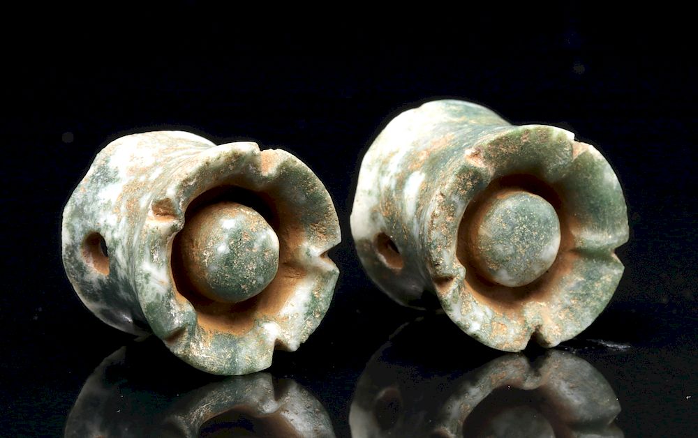 Appraisal: Maya Jadeite Earspools w Floral Design pr Pre-Columbian Southern Mexico