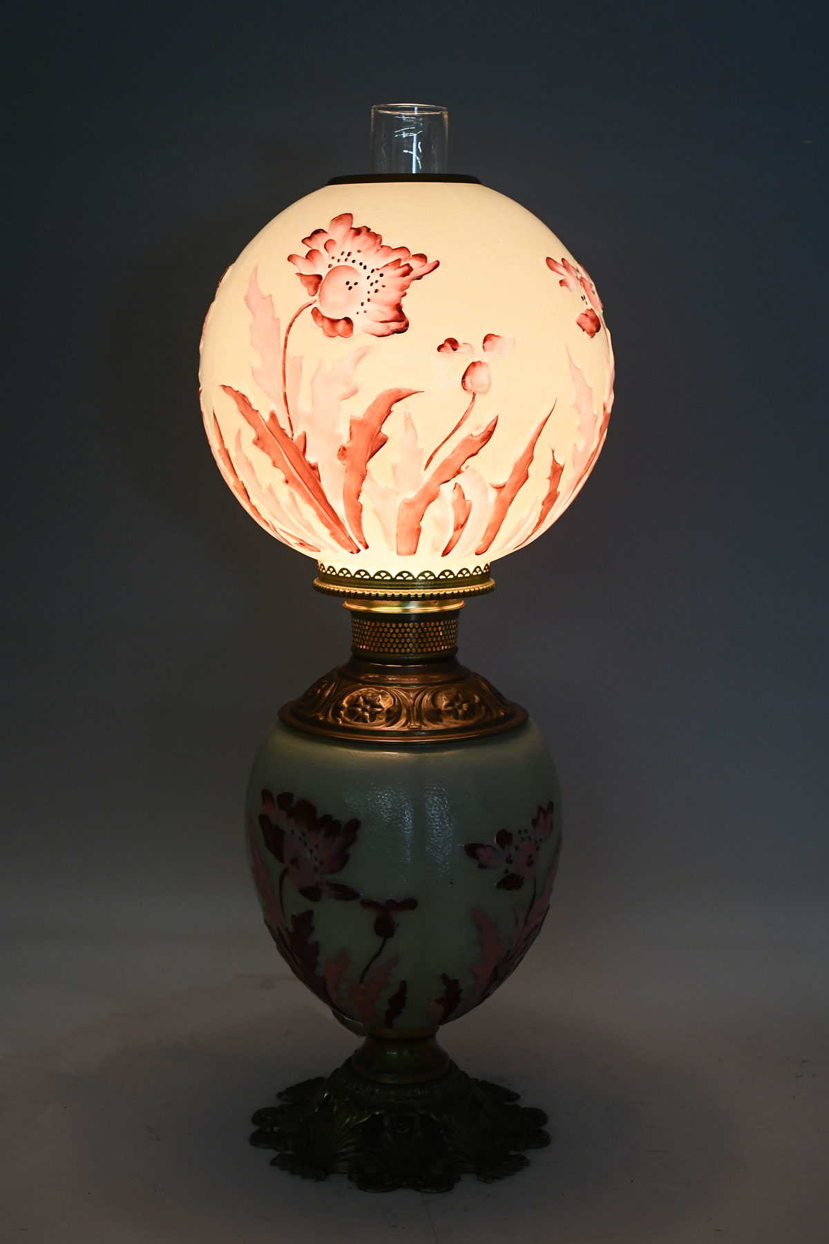 Appraisal: DECORATED FLORAL MOTIF HURRICANE LAMP Converted gone with the wind