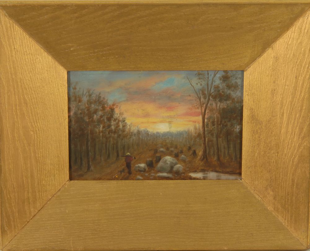 Appraisal: FRAMED PAINTING Sunset woodland scene with hunter and dog Unsigned