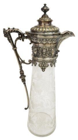 Appraisal: WMF Wurttembergische Metallwarenfabrik silver plate and etched glass wine pitcher