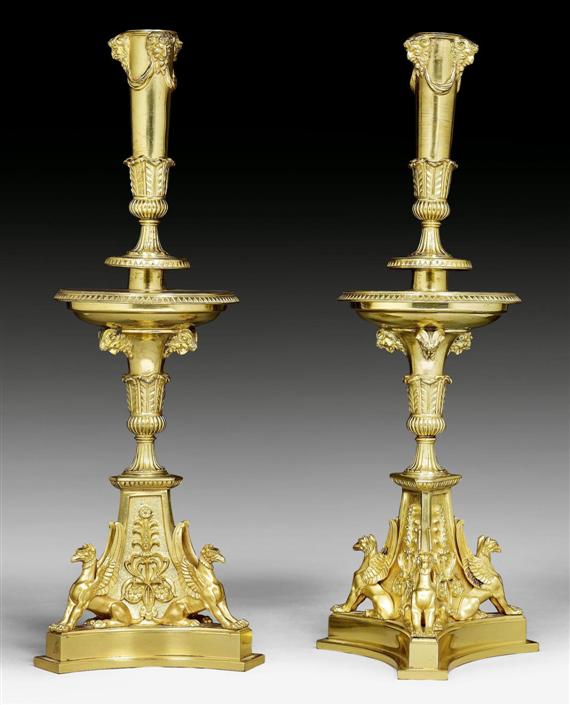 Appraisal: PAIR OF CANDLEHOLDERS AUX GRIFFONS late Empire after G VALADIER