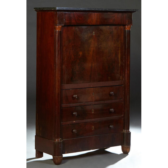 Appraisal: French Empire Style Carved Walnut Mahogany Marble Top Secretary Abattant