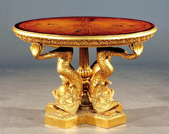 Appraisal: Classical style satinwood and gilded table painted and banded circular