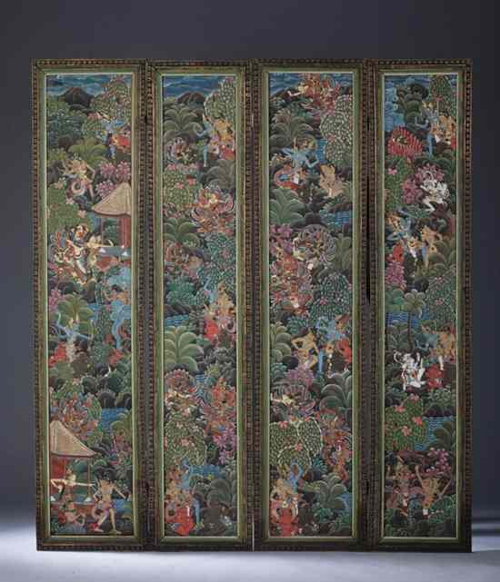 Appraisal: INDONESIAN CARVED POLYCHROME WOOD FOUR FOLD SCREEN Carved to depict