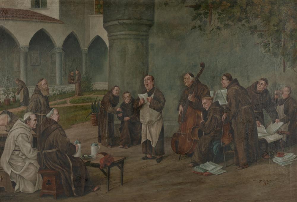 Appraisal: LARGE OIL PAINTING OF MONKS GERMAN SCHOOL A Germanic oil