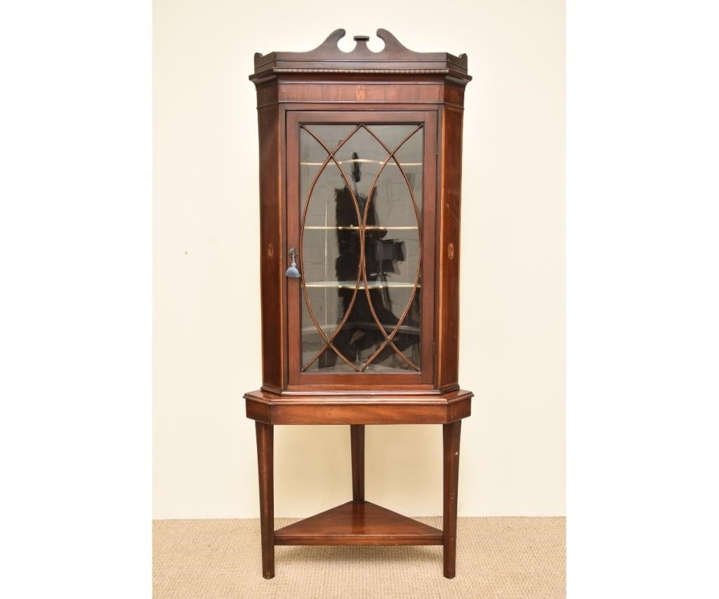 Appraisal: Georgian mahogany inlaid hanging corner shelf circa mounted on a