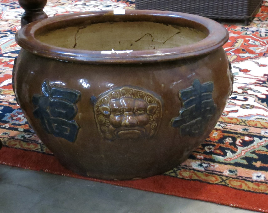 Appraisal: LARGE CHINESE BROWN GLAZE POTTERY PLANTER a round bowl-form planter