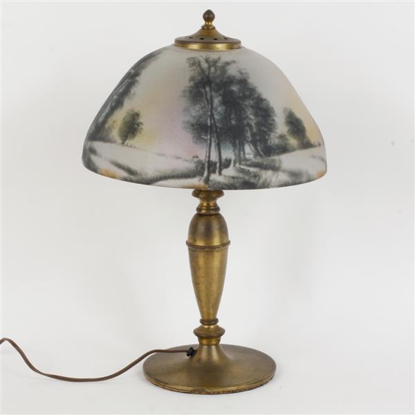 Appraisal: Early th century lamp with reverse painted glass shade depicting