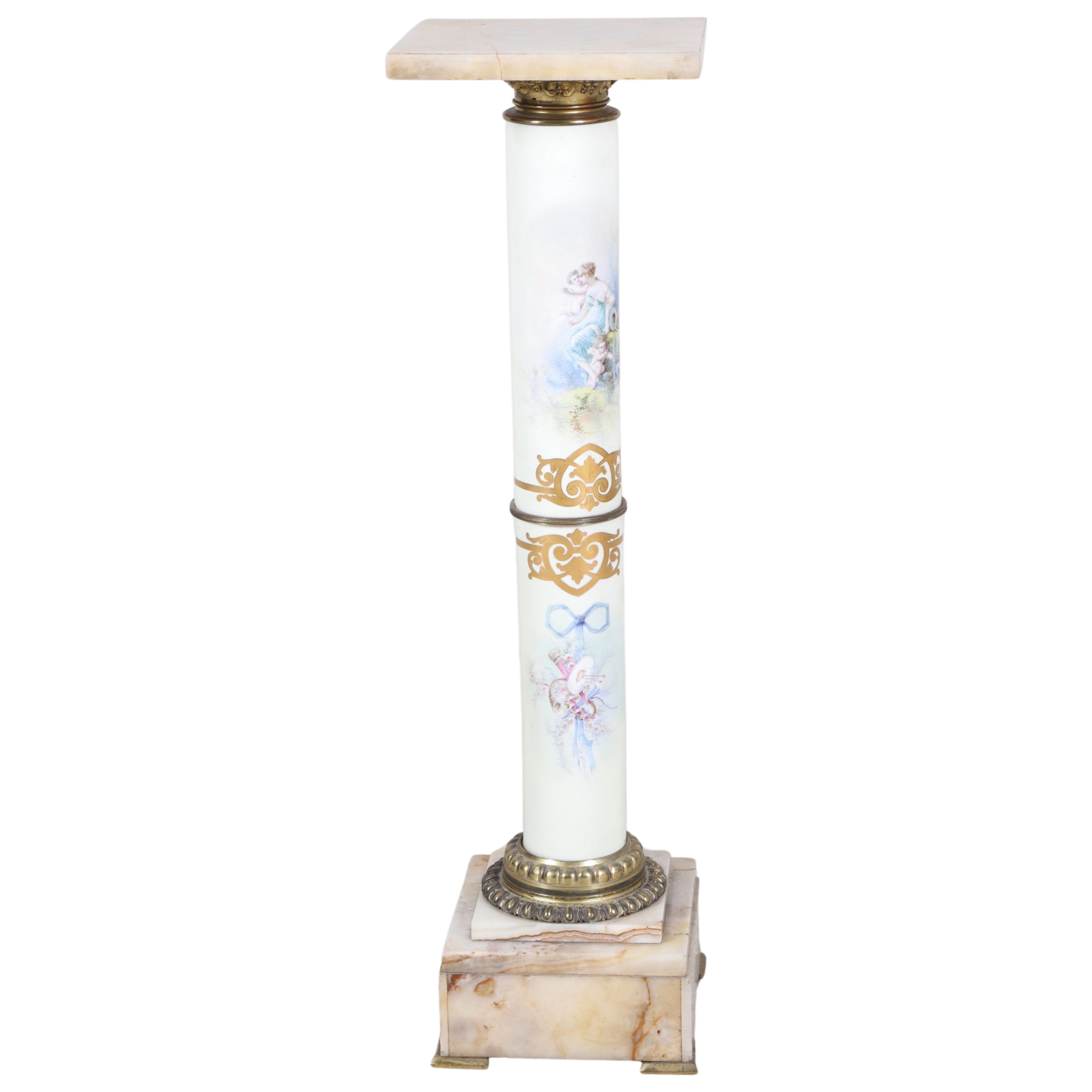 Appraisal: Alabaster and painted porcelain pedestal alabaster top with bronze neck