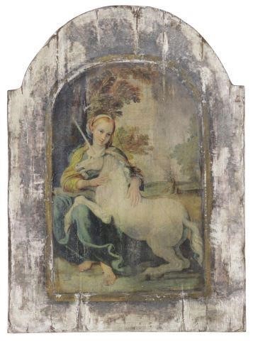 Appraisal: Decoupage on wood th c The Virgin and the Unicorn