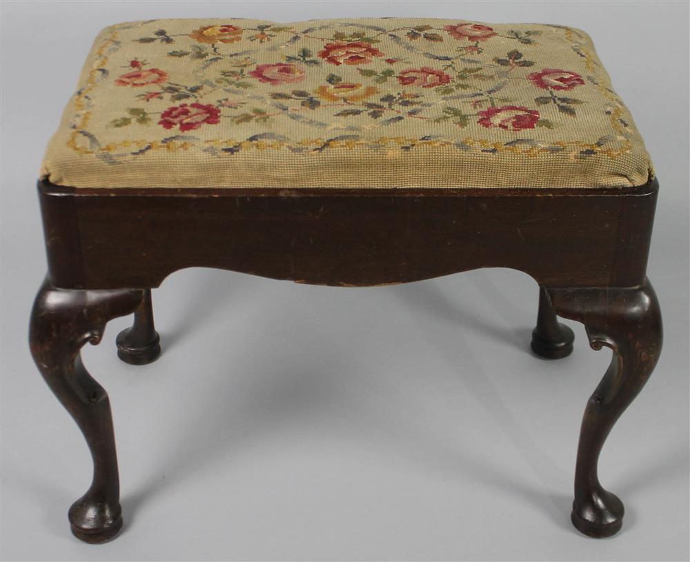 Appraisal: QUEEN ANNE STYLE MAHOGANY STOOL WITH NEEDLEWORK SEAT mid to