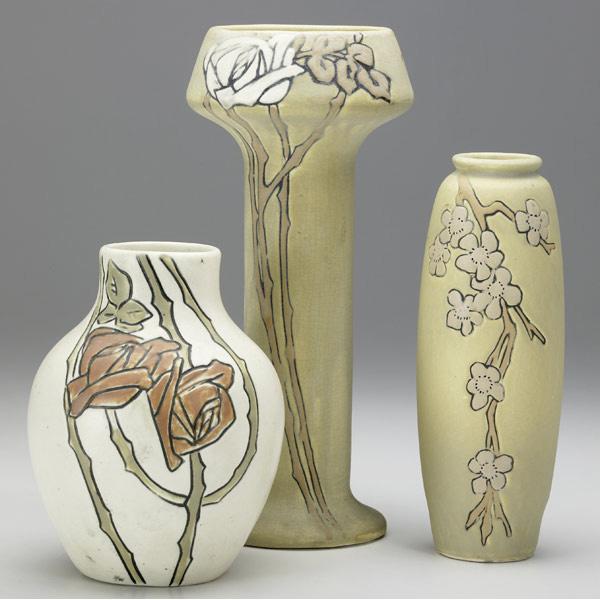 Appraisal: WELLER Etched Mat three vases with roses or cherry blossoms