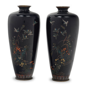 Appraisal: A Pair of Black Ground Cloisonn Vases TH EARLY TH