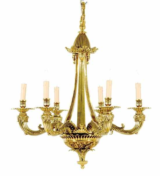 Appraisal: Continental brass six-light chandelier early th century scrolling canopy above