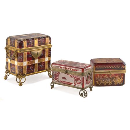 Appraisal: Group of Three Ruby Glass Vanity Boxes Estimate -