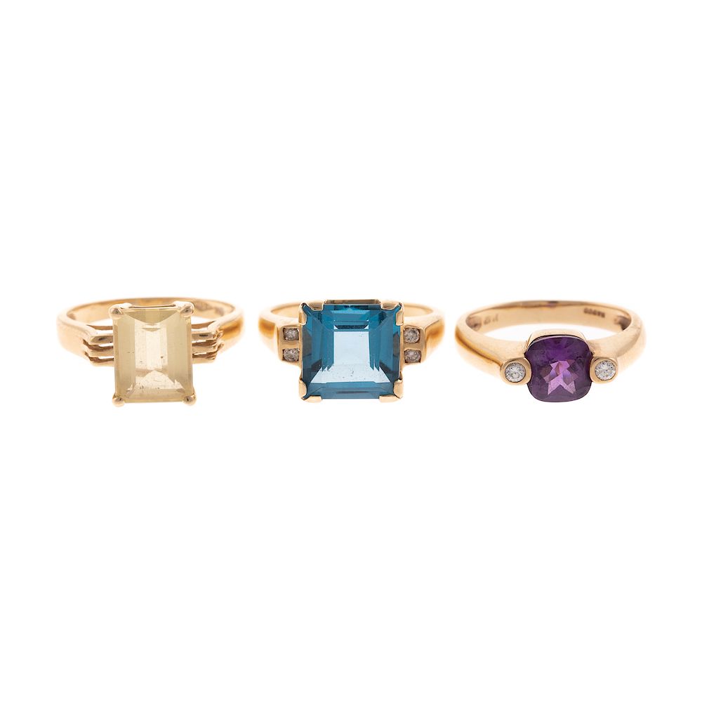 Appraisal: A Trio of Large Gemstone Diamond Rings in K K