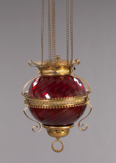 Appraisal: American Late Victorian Brass and Swirl Glass Ruby Hall Light