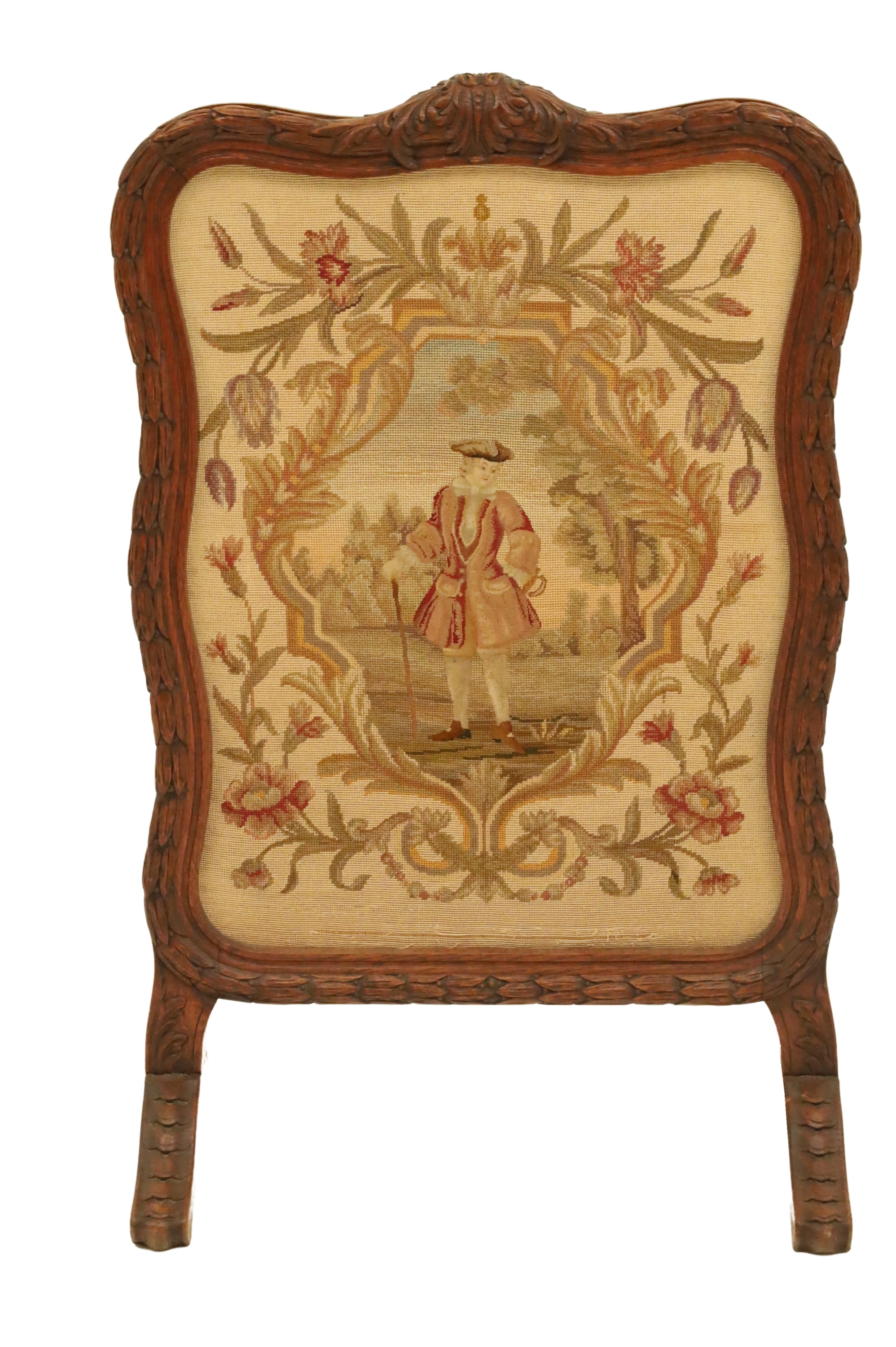 Appraisal: French provincial carved oak fire screen having needlepoint scene depicting