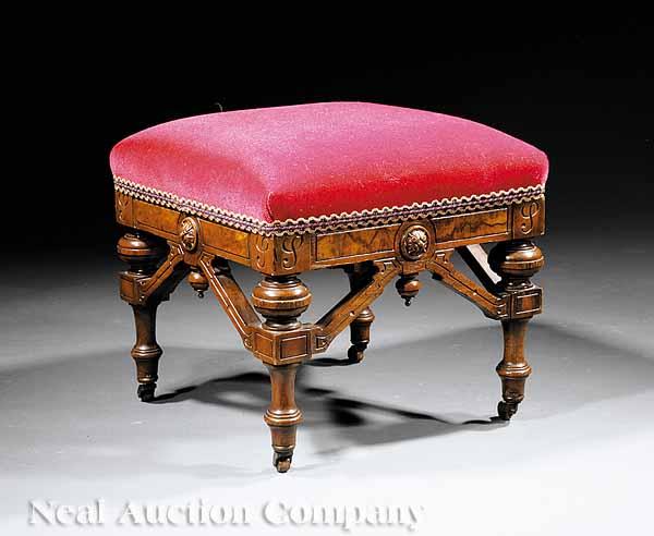 Appraisal: An American Renaissance Walnut and Burled Footstool late th c