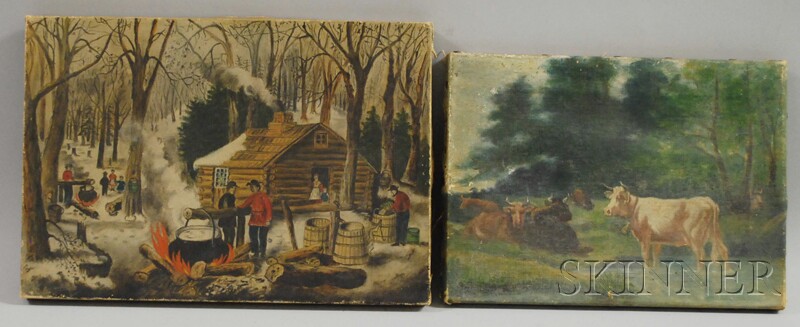 Appraisal: Two Small Unframed American School Oil on Canvas Paintings maple