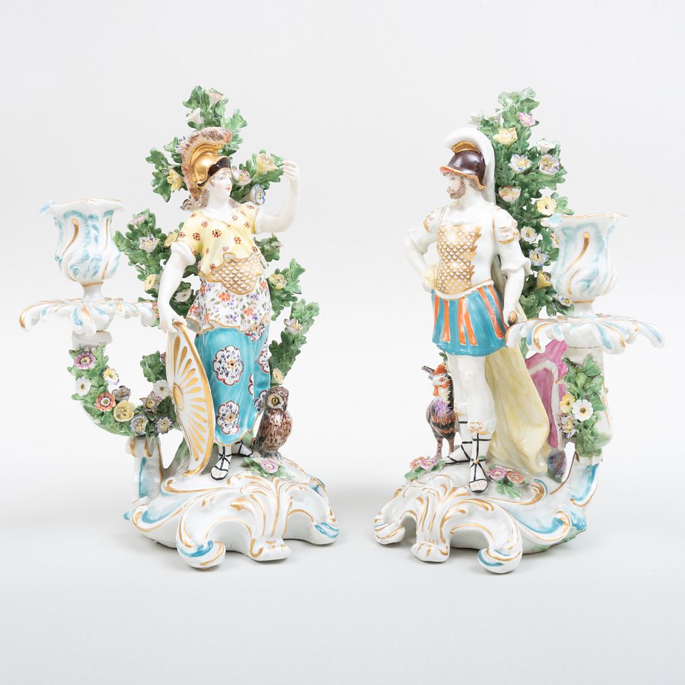 Appraisal: Pair of Chelsea Porcelain Bocage Figural Candlesticks with Minerva and