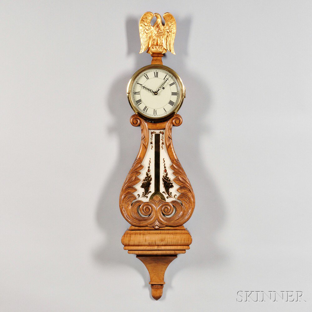 Appraisal: Bench-made Curl Maple Lyre Clock c case by Peter Libbey