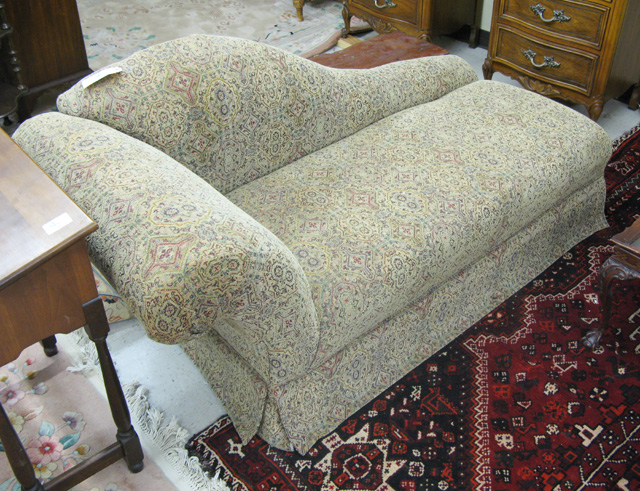 Appraisal: CHAISE LOUNGE with overall geometric patterned tapestry upholstery Length inches