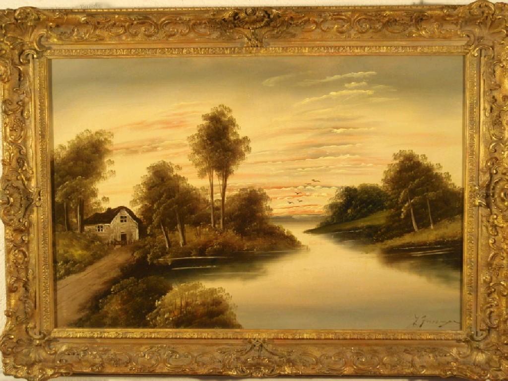 Appraisal: A late thC early thC oil on board river landscape