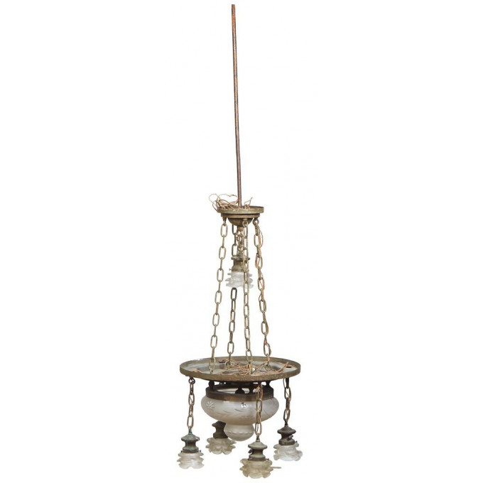 Appraisal: American Brass and Glass Six Light Chandelier c the canopy