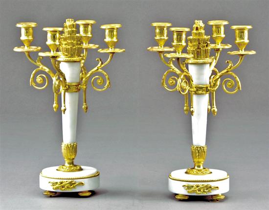 Appraisal: Pair gilt-metal mounted marble candelabra scrolling arms supported by torch