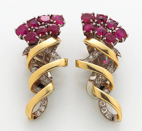 Appraisal: A pair of diamond and ruby earclips mounted in eighteen