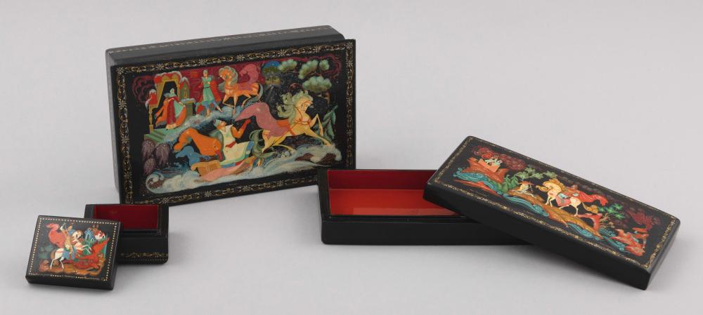 Appraisal: THREE HAND-PAINTED RUSSIAN LACQUER BOXES th Century Depict differing scenes