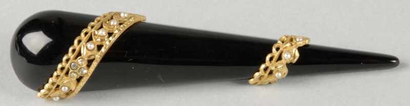 Appraisal: Bakelite Black Pin with Gold Applied Pieces Description Seed pearls