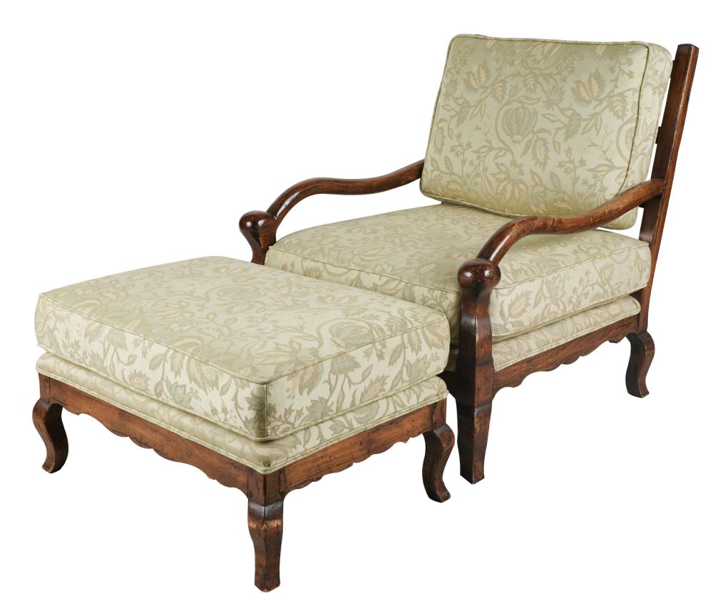 Appraisal: FRENCH PROVINCIAL-STYLE ARMCHAIR OTTOMAN th century with distressing to finish