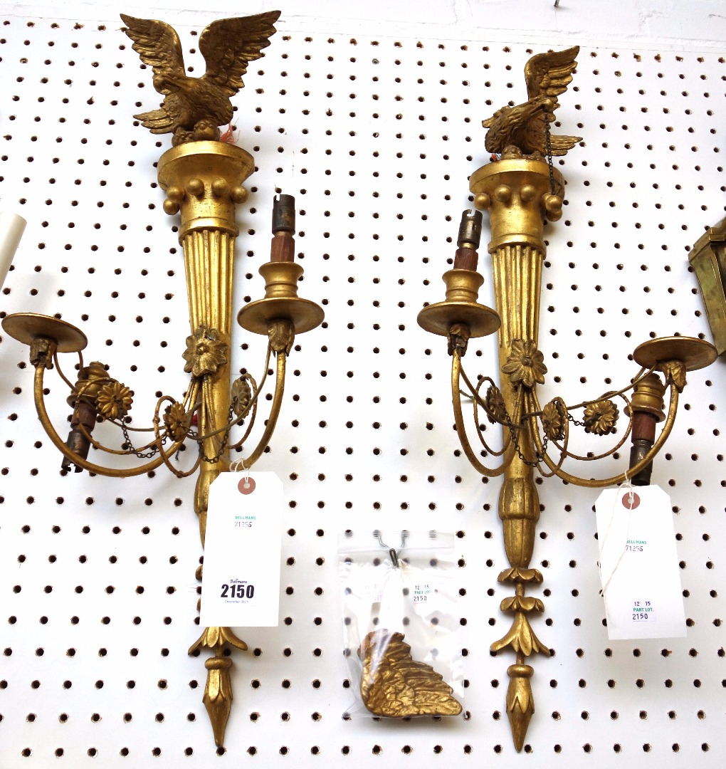 Appraisal: A pair of giltwood wall lights th century each with