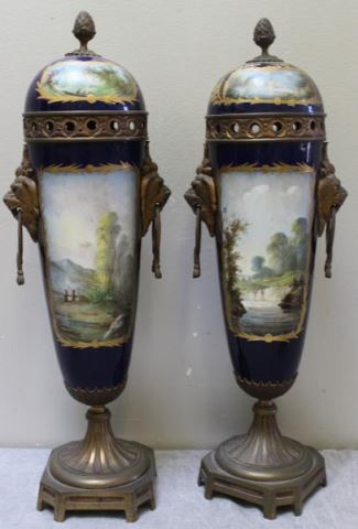 Appraisal: Pair of Cobalt Paint Decorated Sevres PorcelainLidded Urns From a